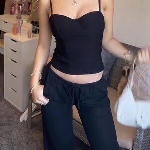 Princess Polly Zanzibar Black Drawstring Wide-Leg Linen Pants